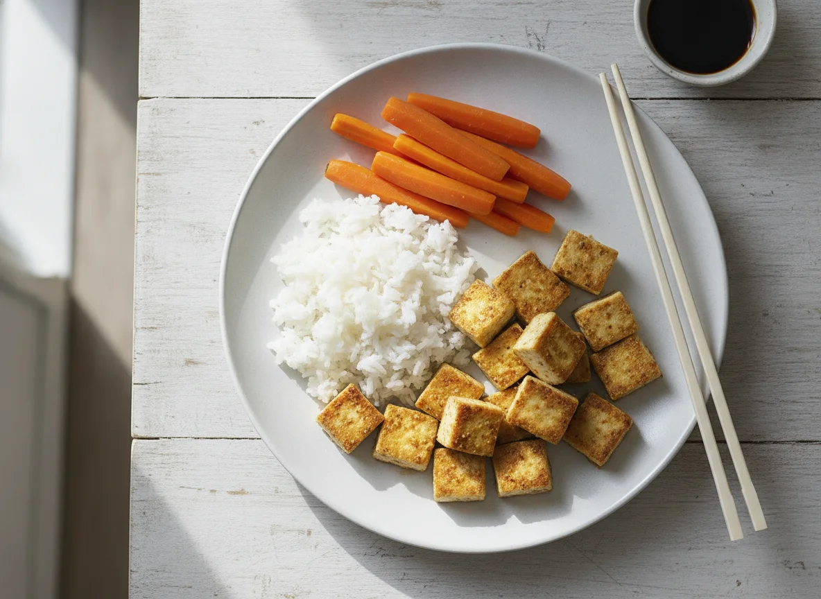 Tofu with white rice and carrots photo