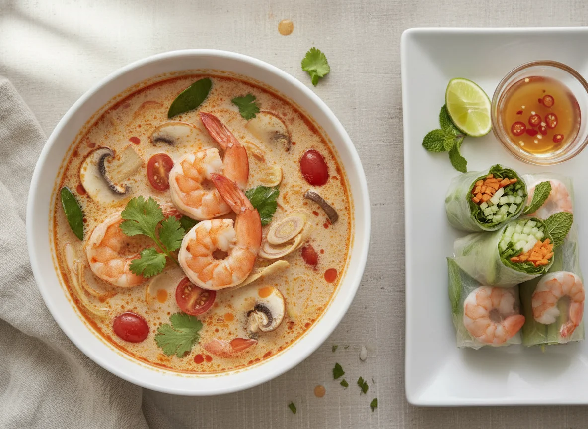 Tom Yum Kung and Shrimp Spring Rolls photo
