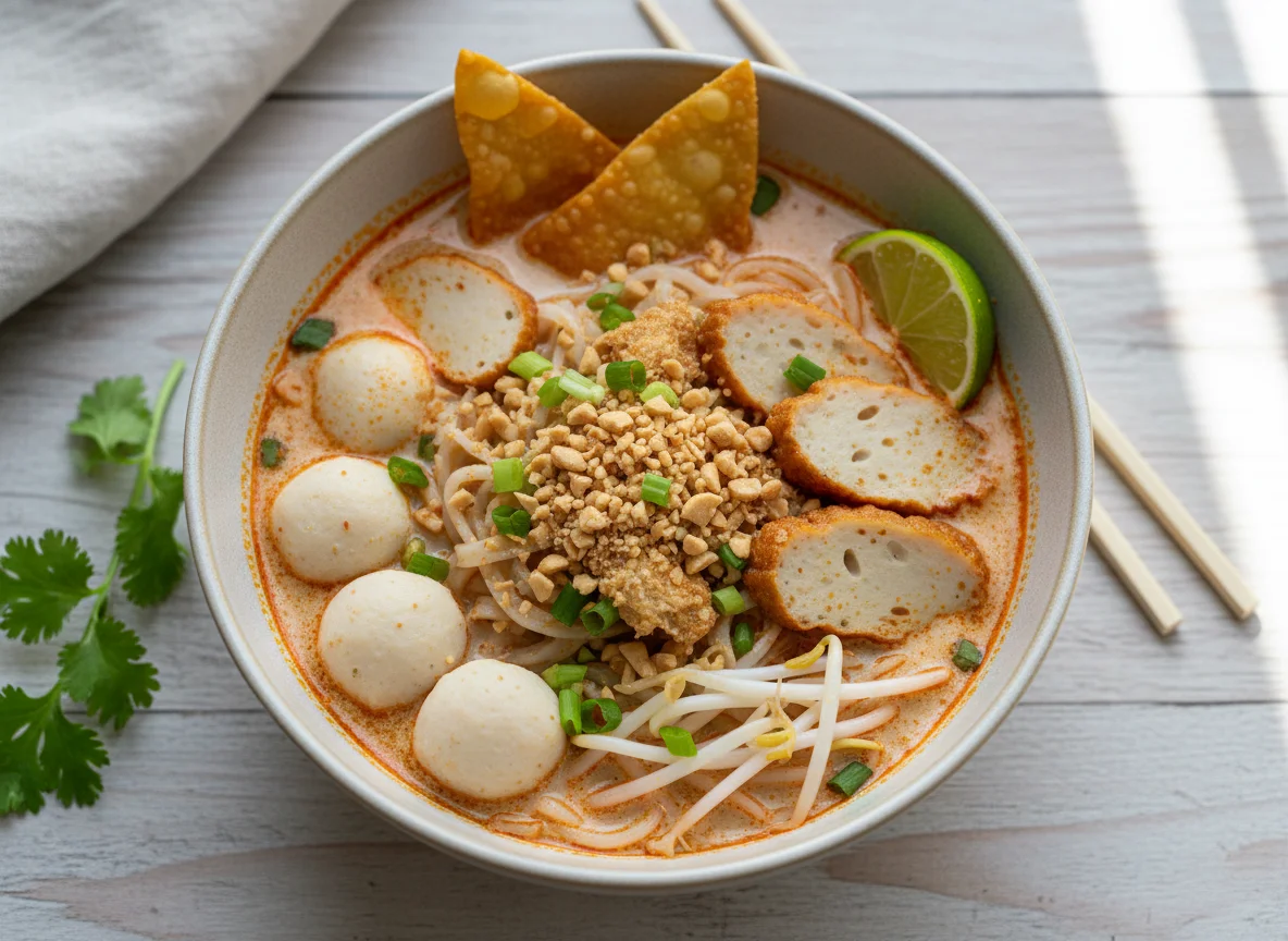 Tom Yum Noodles with Fish Balls and Wontons photo