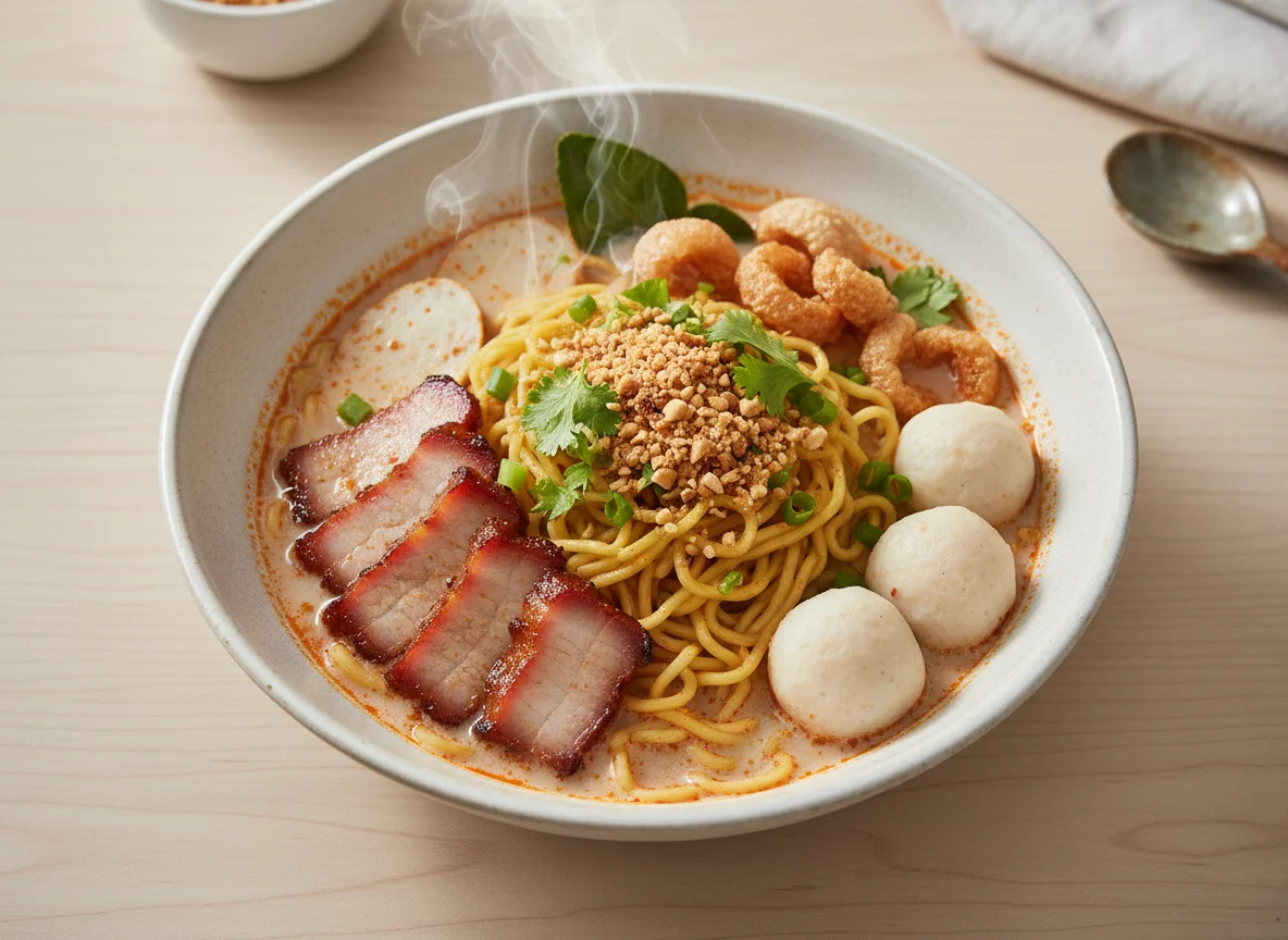 Tom Yum Noodles with Pork and Fish Balls photo