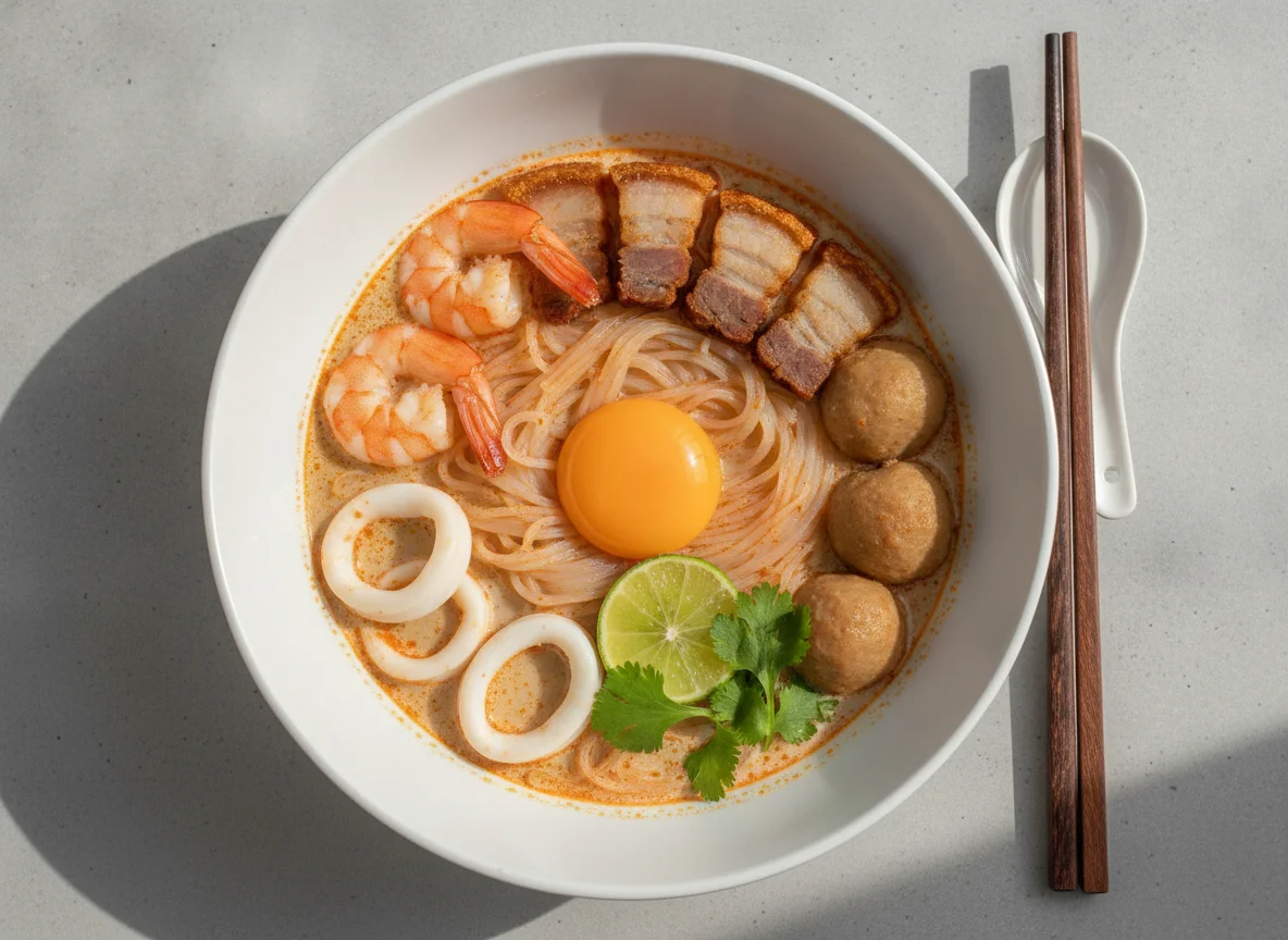 Tom Yum Seafood Noodles with Egg photo