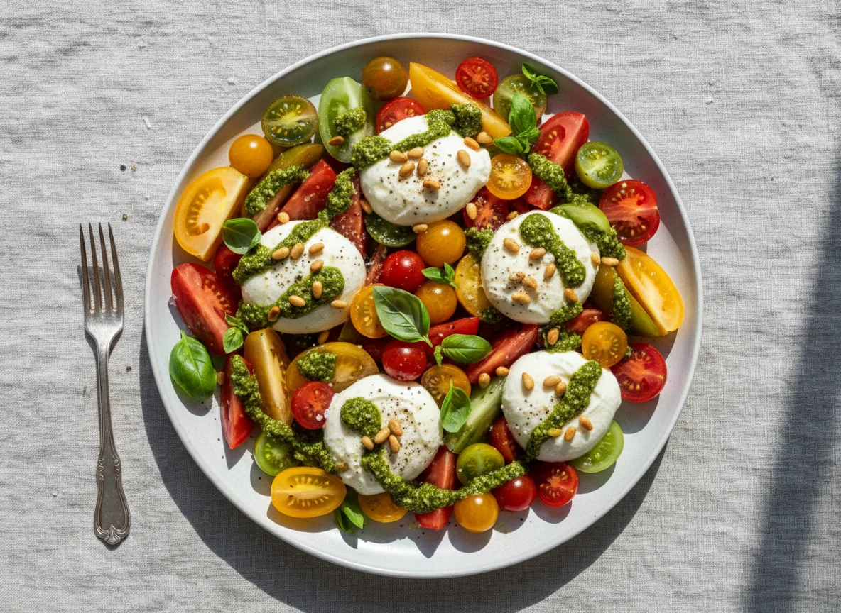 Tomato and Burrata Salad with Pesto and Pine Nuts photo