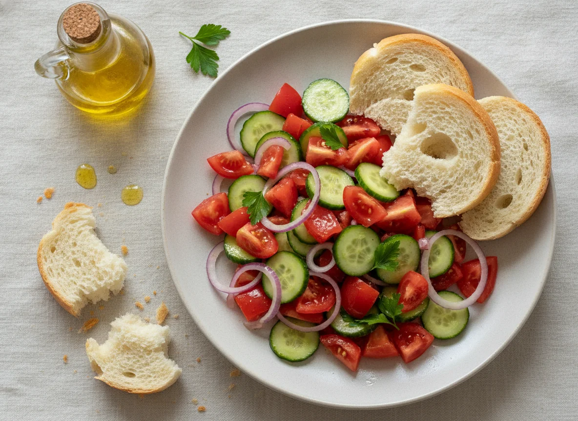 Tomato and Cucumber Salad with White Bread photo