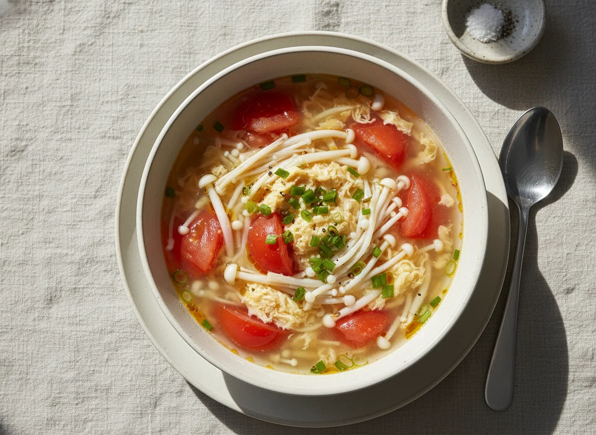 Tomato and Egg Drop Soup with Enoki Mushrooms photo