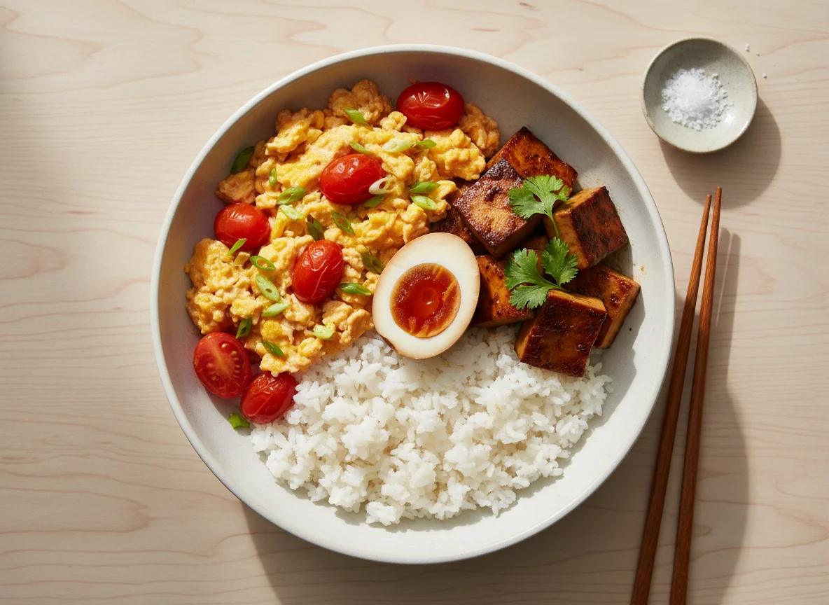 Tomato and Egg Stir-fry with Rice, Braised Tofu, and Tea Egg photo