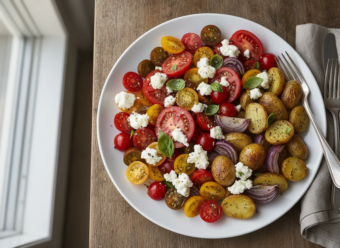 Tomato and Goat Cheese Salad with Roasted Potatoes and Onions photo