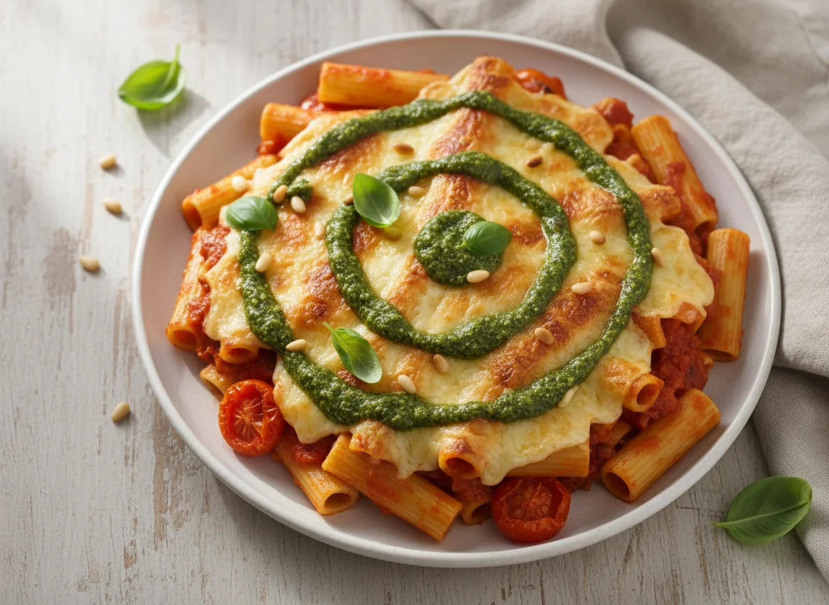 Tomato and Mozzarella Pasta Bake with Basil & Pine Kernel Pesto photo