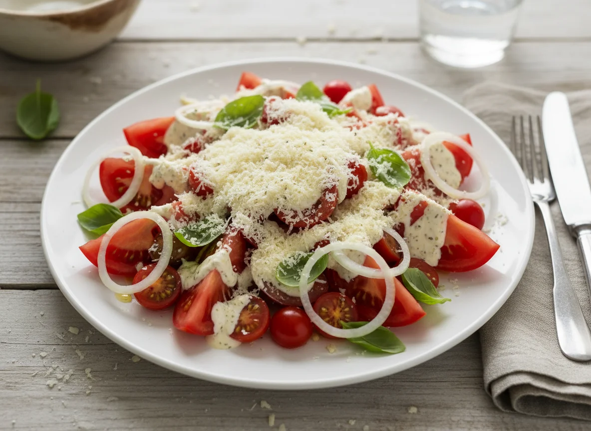 Tomato and Onion Salad with Creamy Dressing and Cheese photo