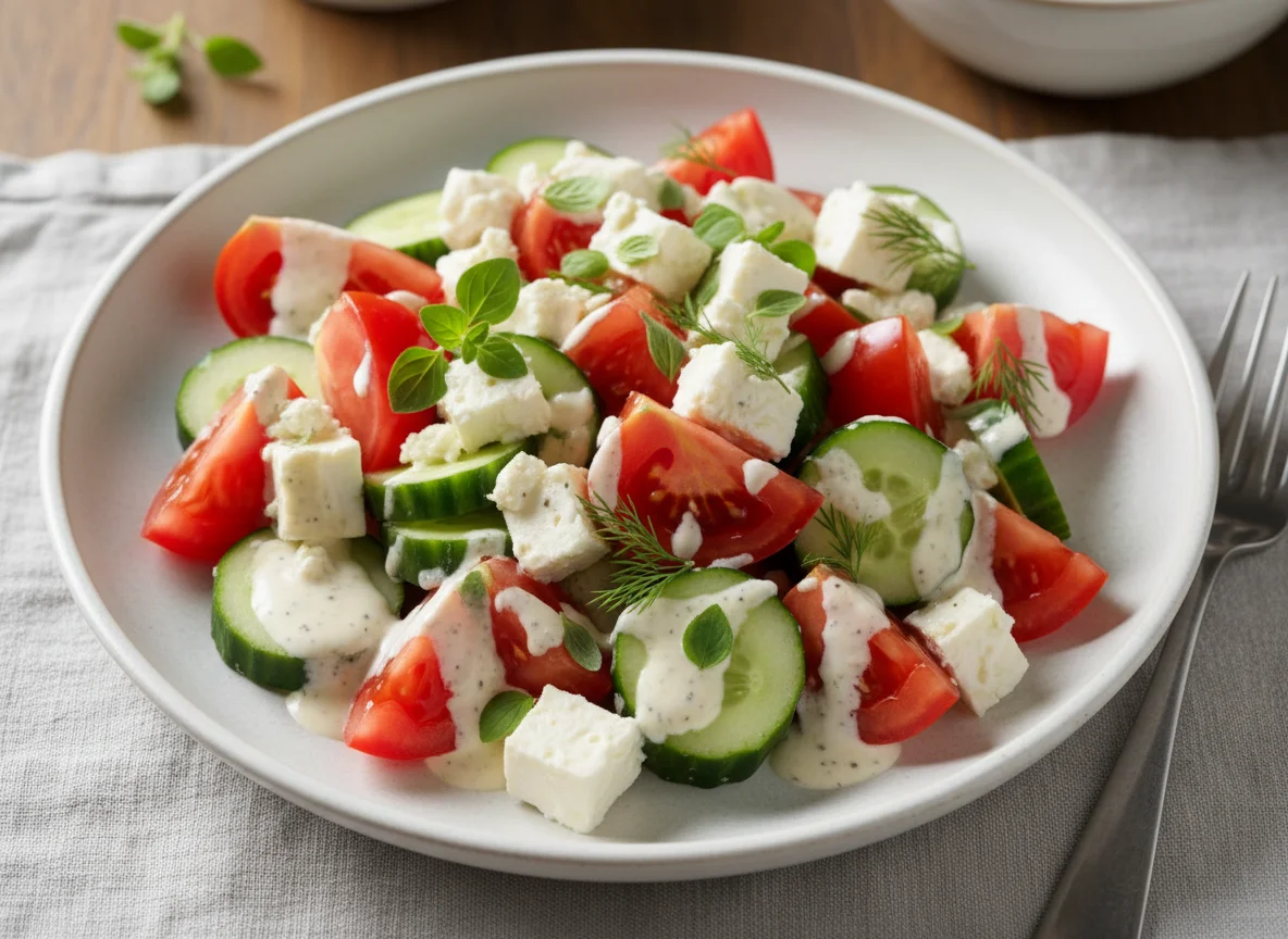 Tomato, Cucumber, and Feta Salad with Dressing photo