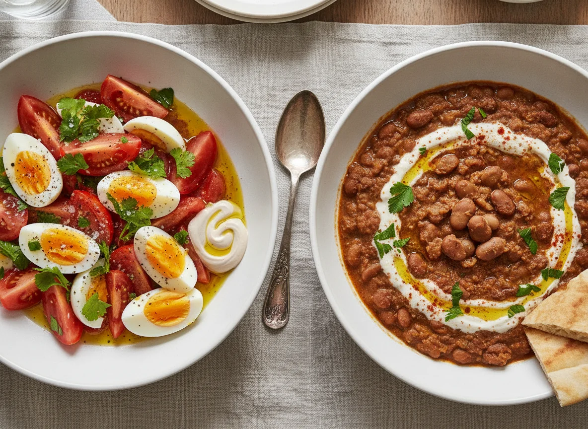 Tomato Egg Salad and Creamy Bean Stew photo