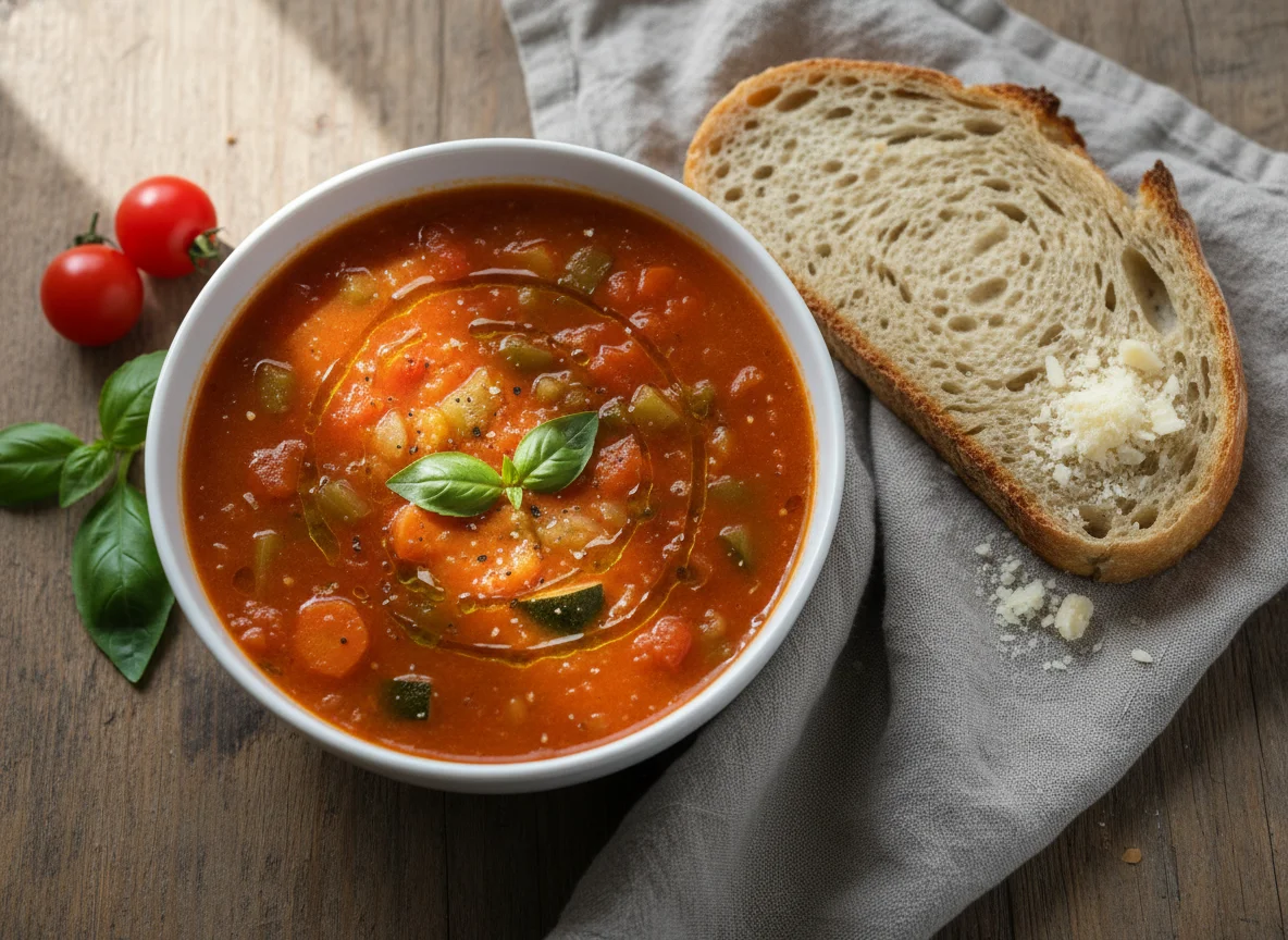 Tomato or Vegetable Soup with Bread and Cheese photo