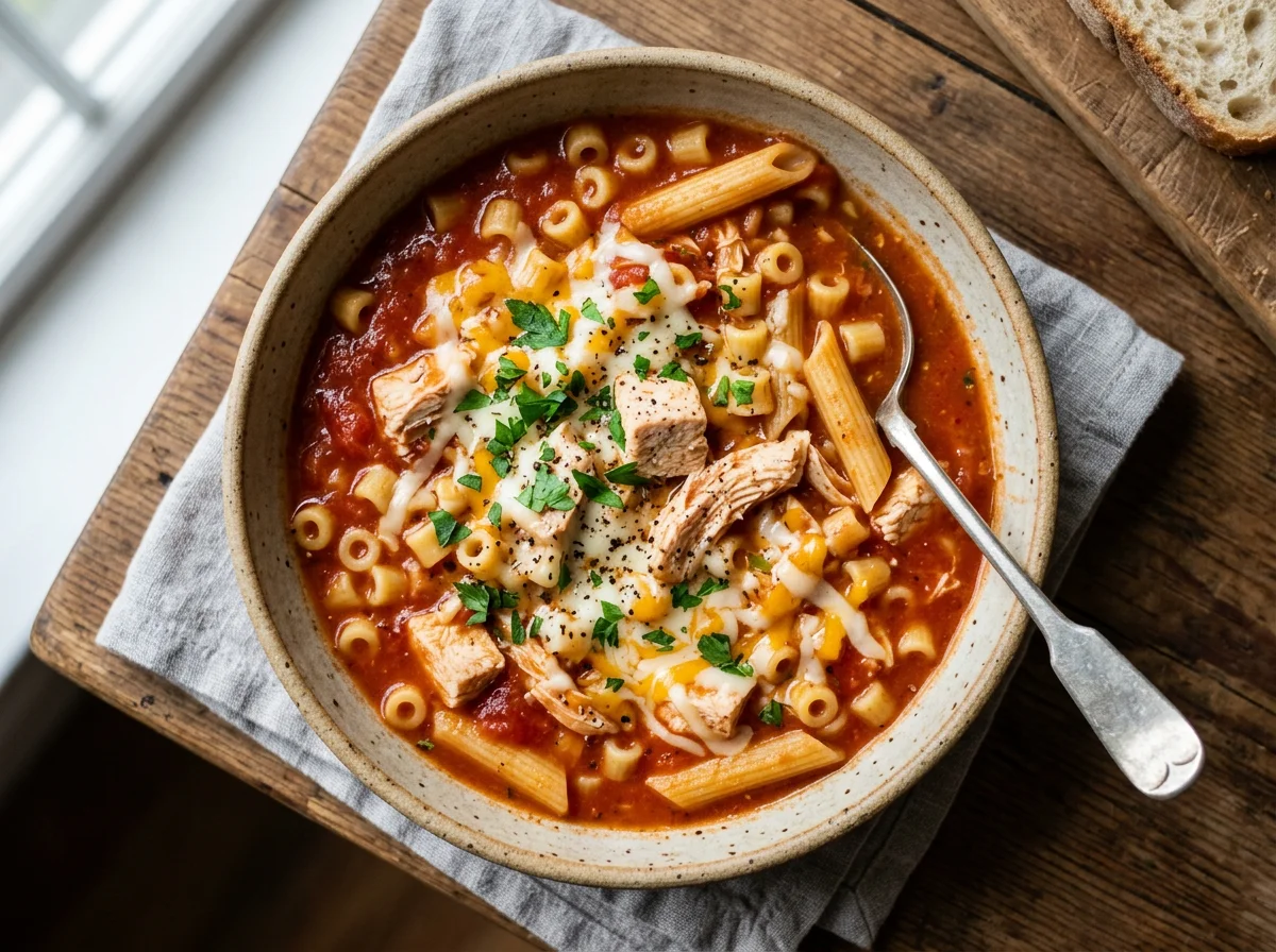 Tomato Pasta Soup with Chicken and Cheese photo