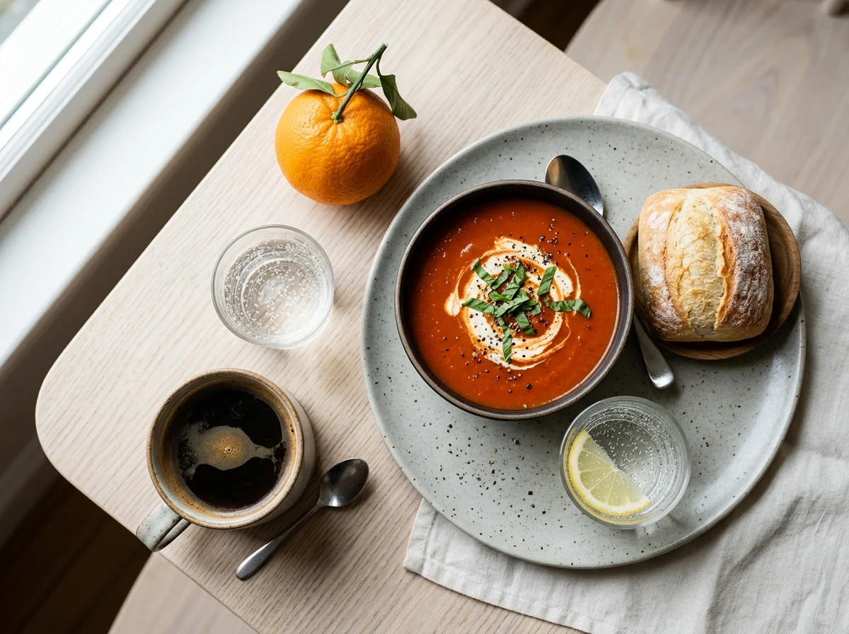 Tomato soup with bread roll, orange, and coffee photo