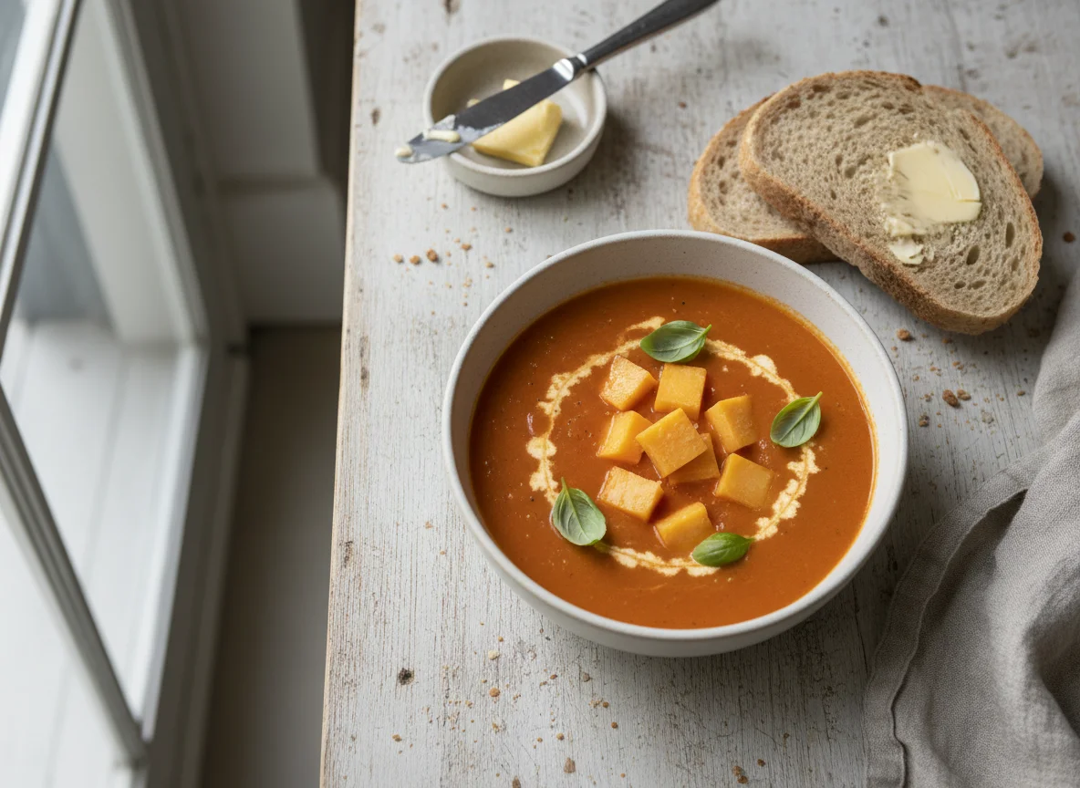 Tomato Soup with Cheese and Bread photo