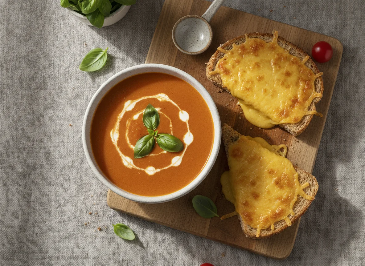Tomato soup with cheese on toast photo