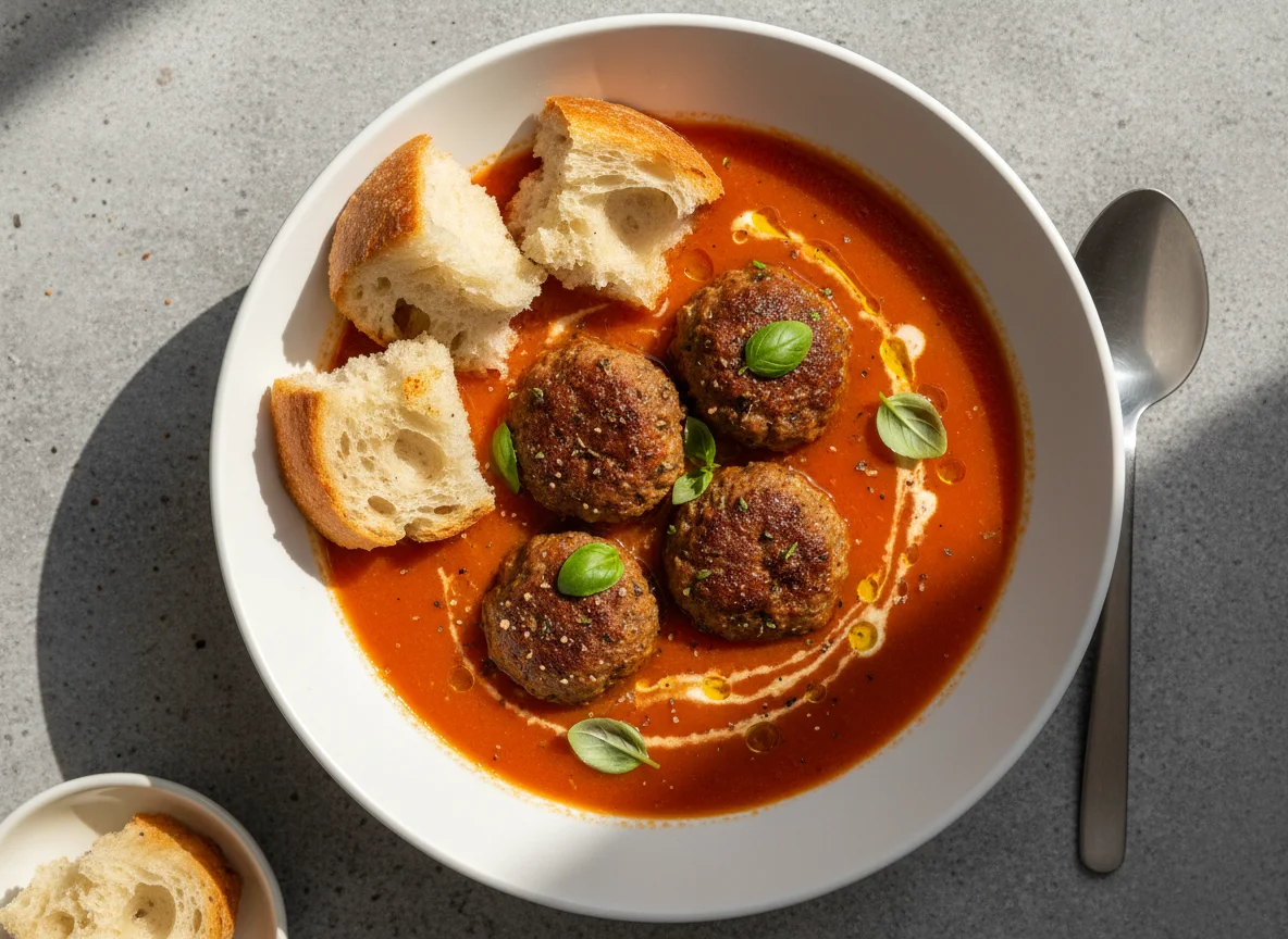Tomato soup with meatball and white bread photo