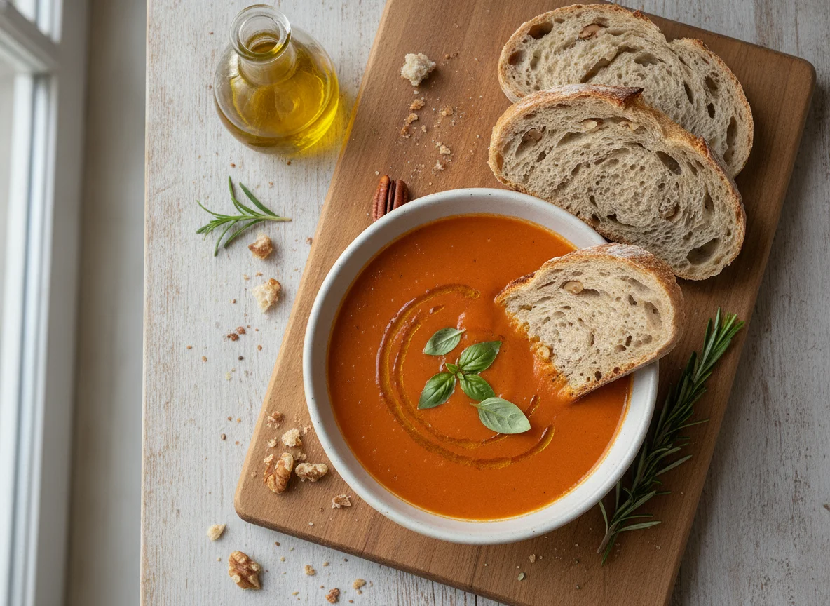 Tomato soup with sourdough bread photo