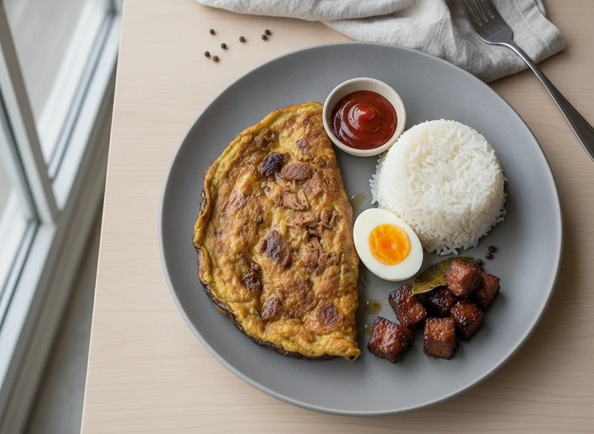 Tortang Talong with Pork Adobo, Rice, and Boiled Egg photo
