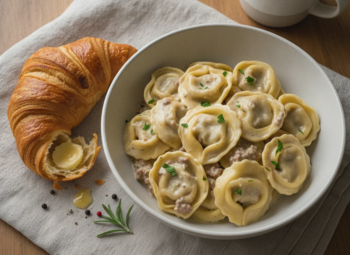 Tortellini with Cream Sauce and Croissant photo