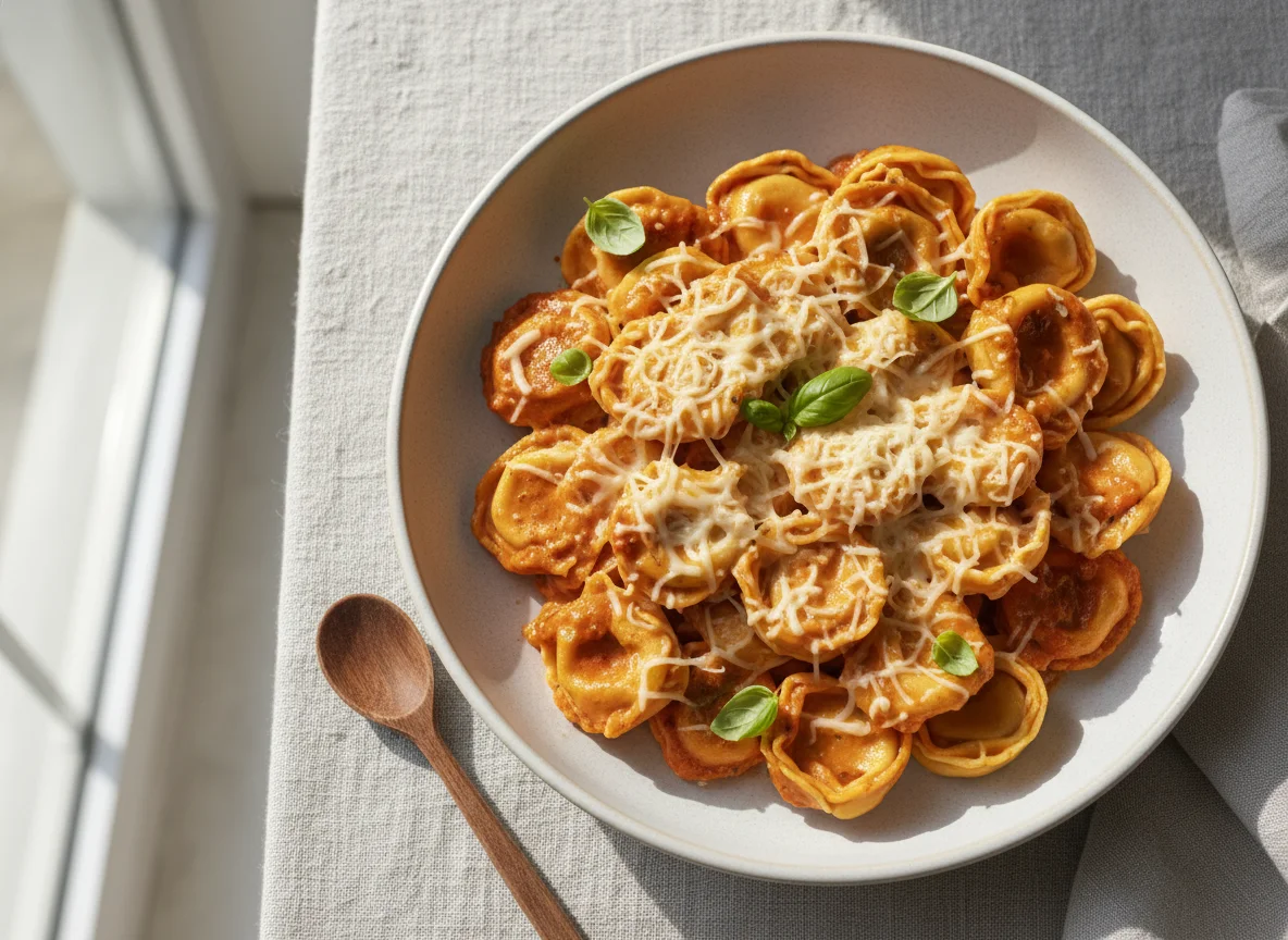 Tortellini with Tomato Cream Sauce and Shredded Cheese photo