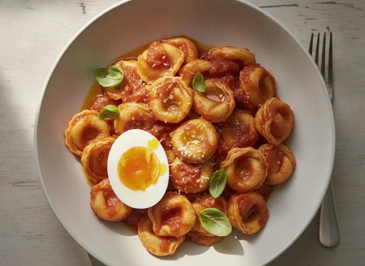 Tortellini with Tomato Sauce and Boiled Egg photo