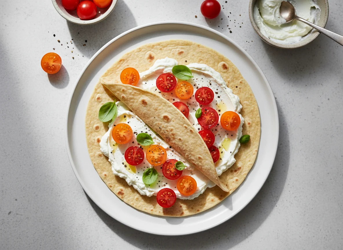 Tortilla with creamy spread and cherry tomatoes photo