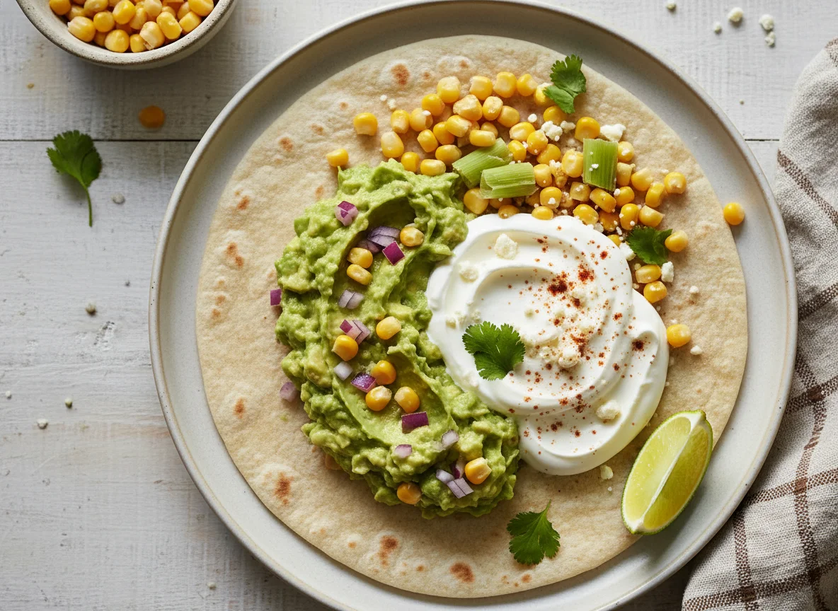 Tortilla with Guacamole, Sour Cream, and Corn photo