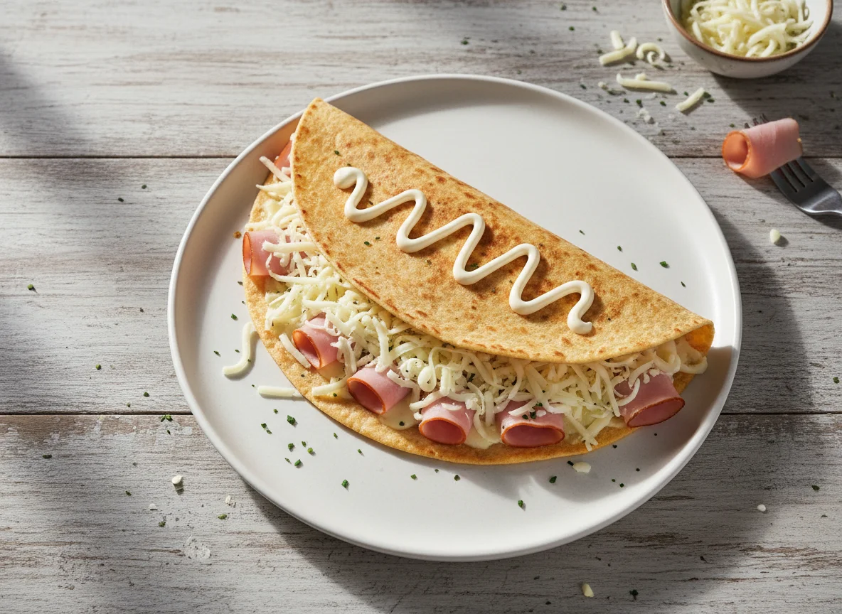 Tortilla with shredded cheese and ham photo