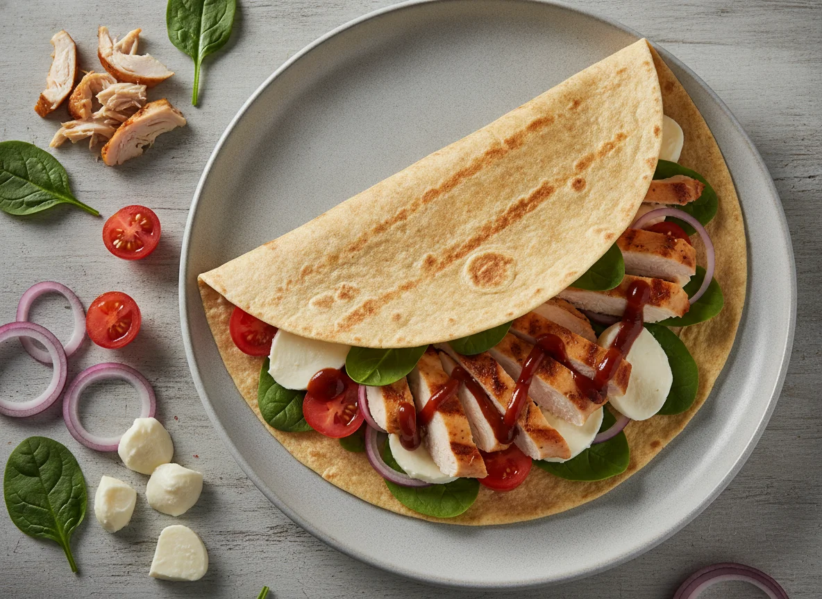 Tortilla with smoked chicken, mozzarella, baby spinach, red onion and tomato photo