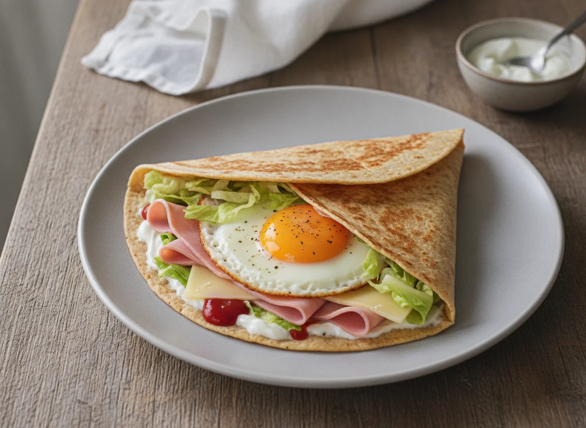 Tortilla wrap with ham, cheese, and egg photo