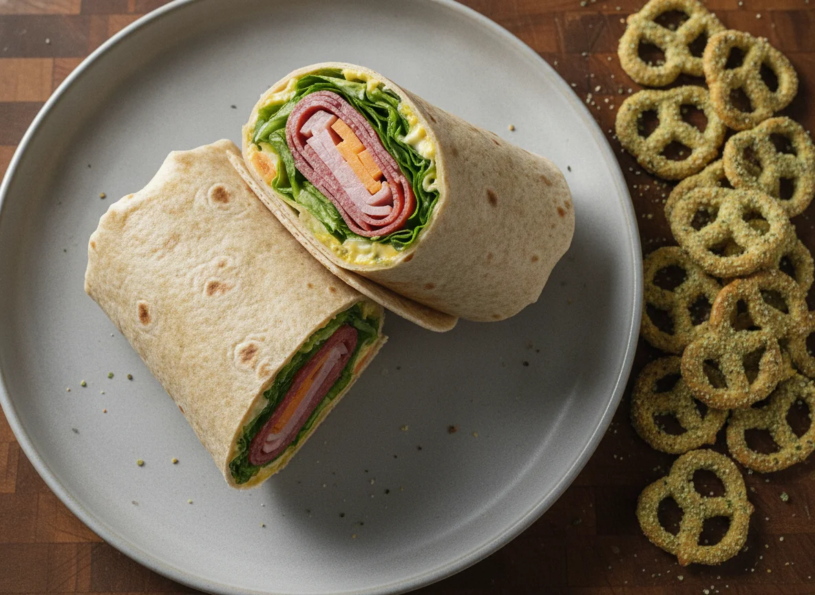 Tortilla Wrap with Salami, Ham, and Cheese with Pretzels photo