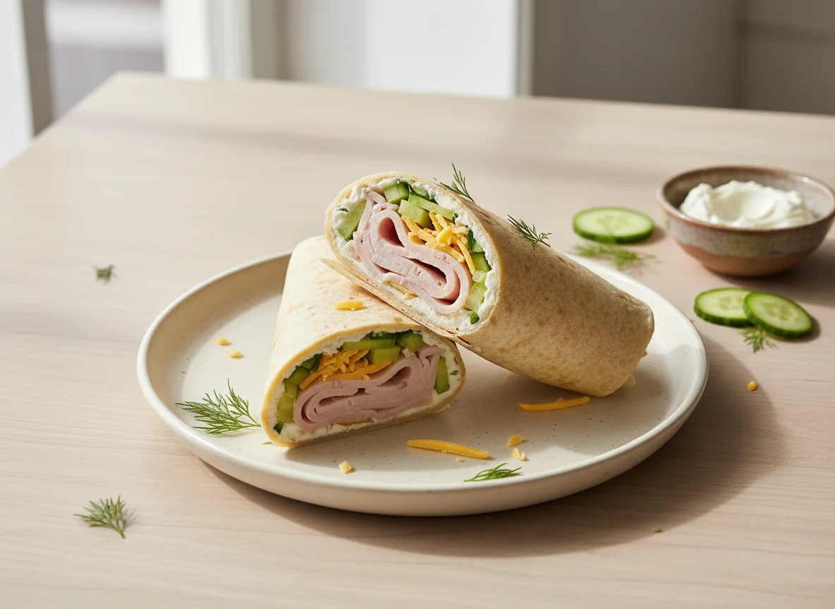 Tortilla wrap with turkey, cheese, cream cheese and cucumber photo