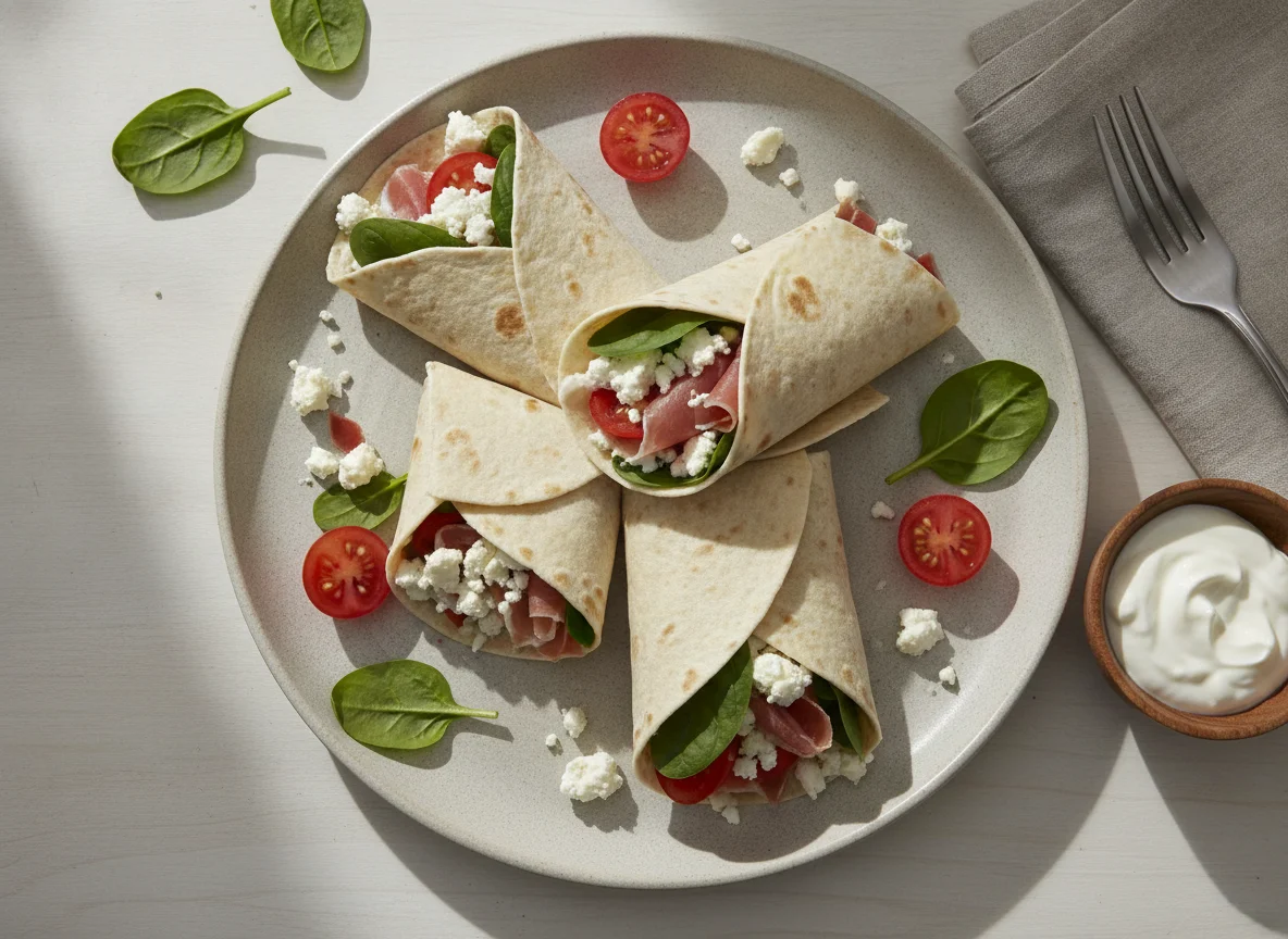 Tortilla wraps with light Greek cheese and vegetables photo