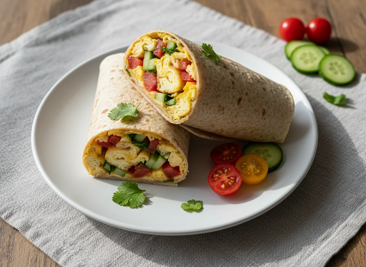 Tortilla wraps with scrambled eggs and vegetables photo