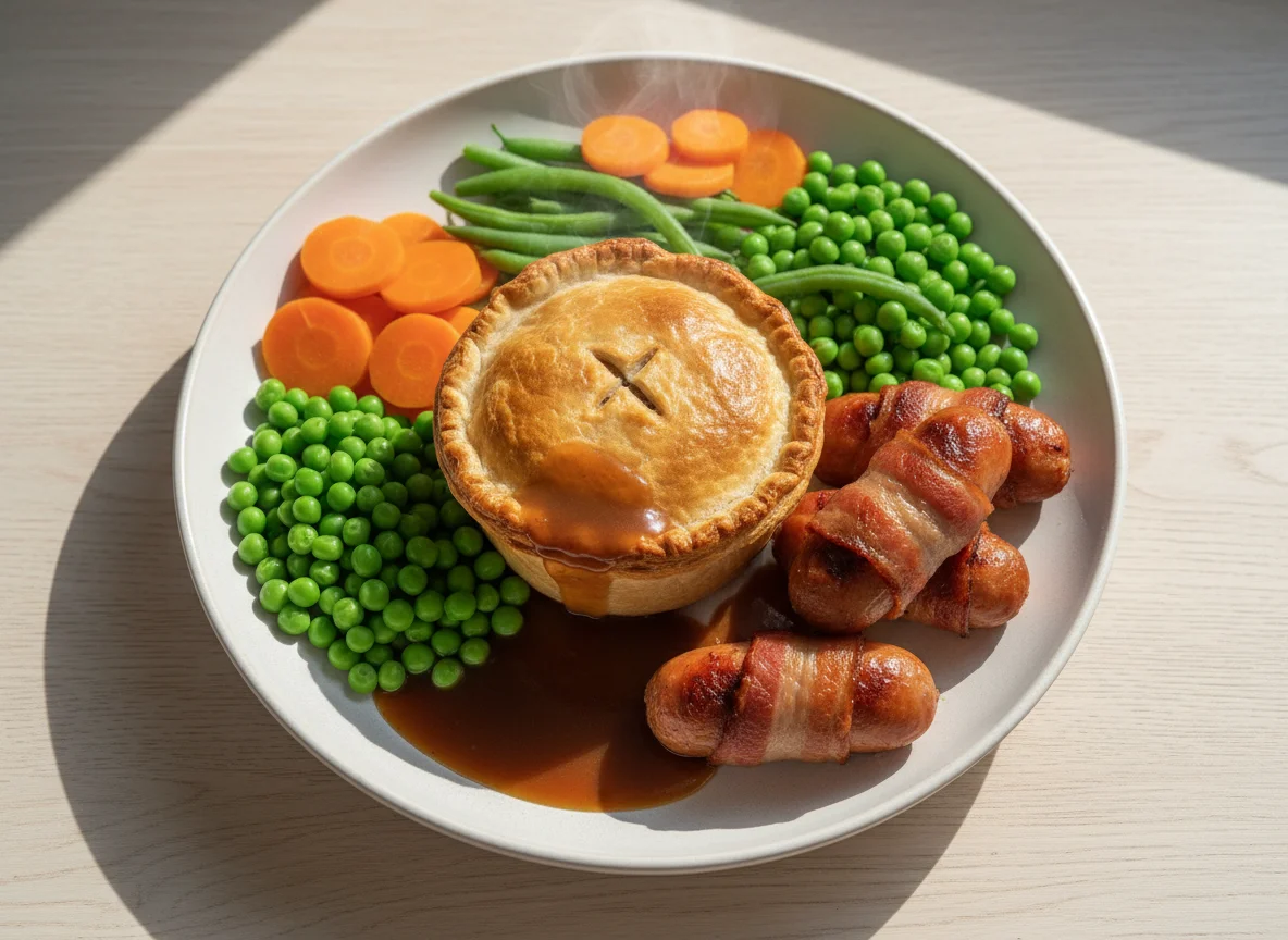 Traditional British Meal with Pie, Pig in Blanket, and Vegetables photo