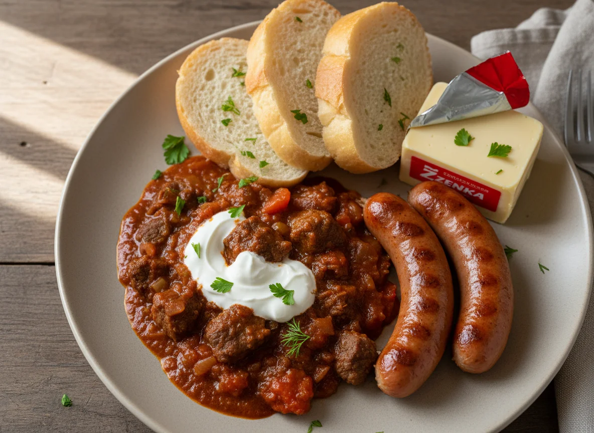 Traditional Kosovan Meal with Stew, Bread, Sausages, and Cheese photo