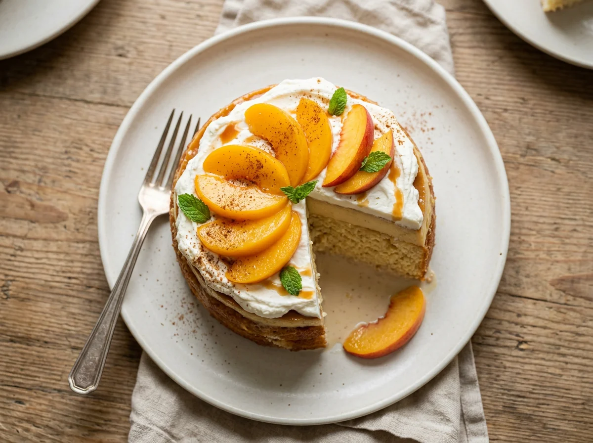Tres Leches Cake with Flan and Peaches photo