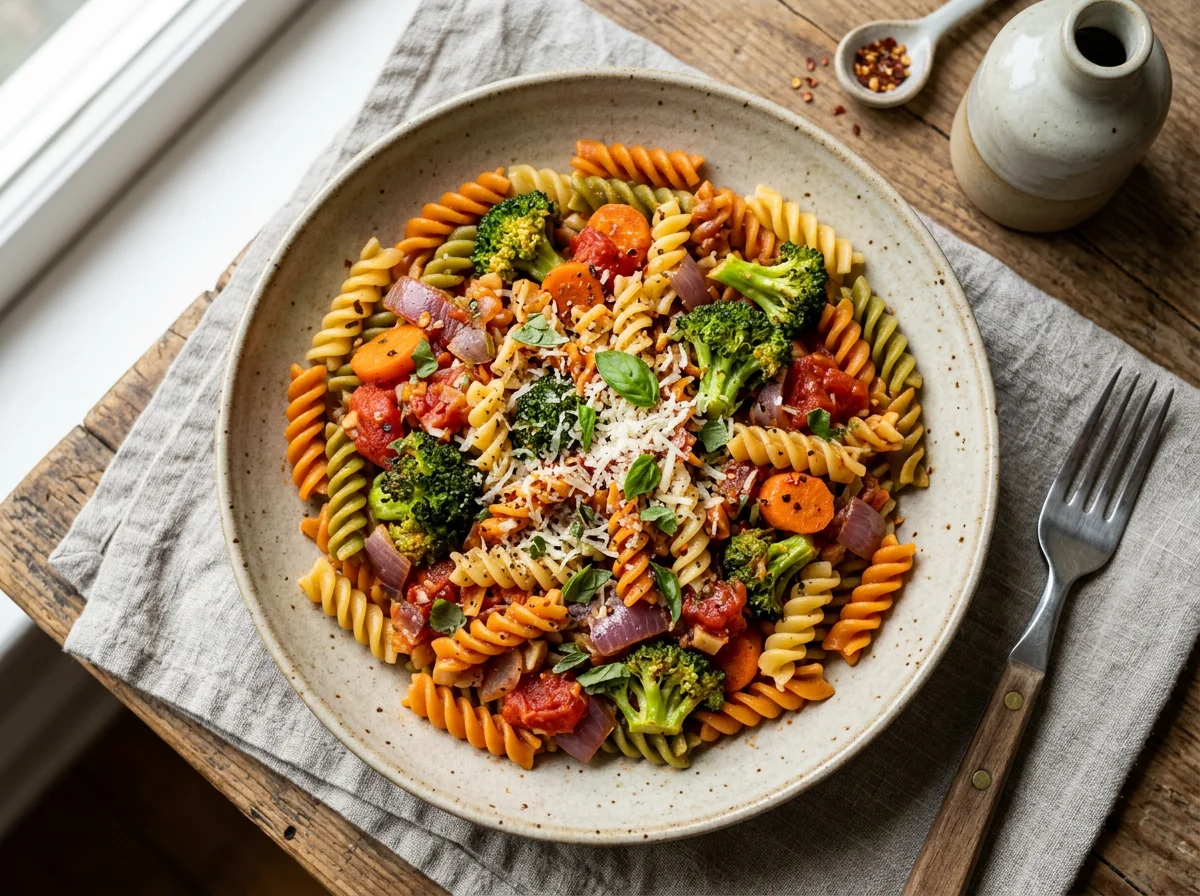 Tricolor Fusilli Pasta with Vegetables photo