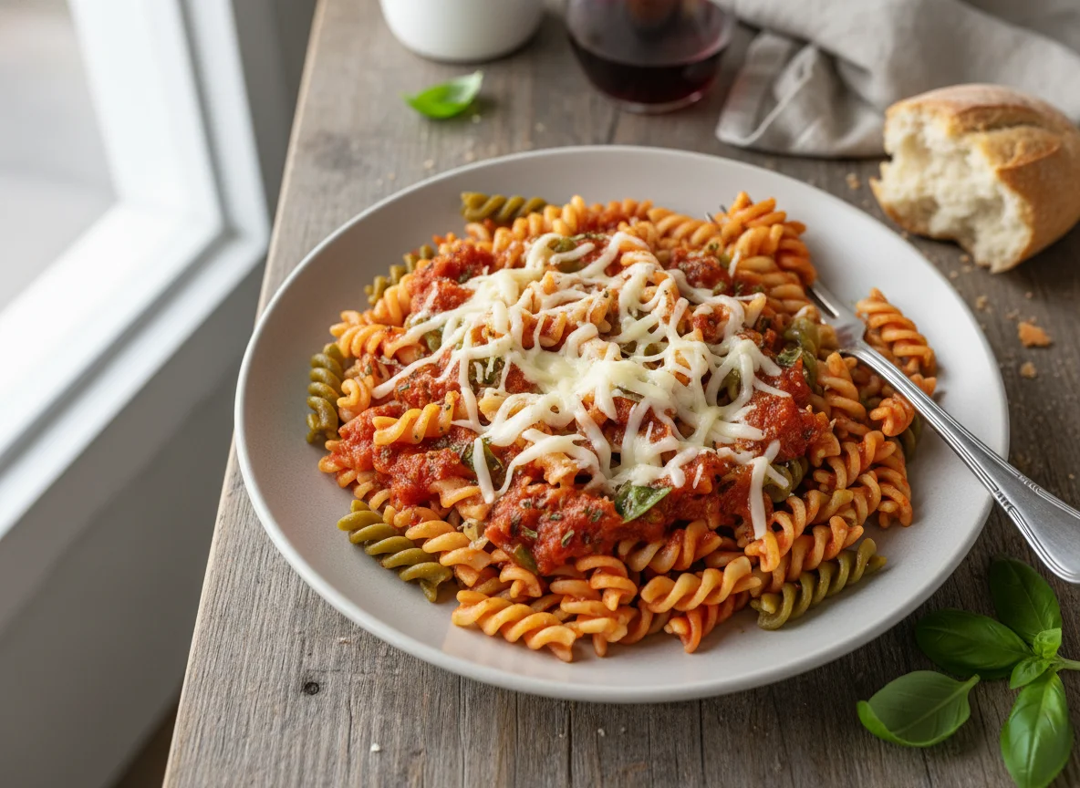 Tricolor Rotini Pasta with Tomato Sauce and Cheese photo