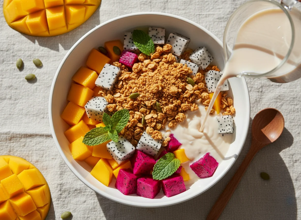 Tropical Fruit Bowl with Granola and Milk photo