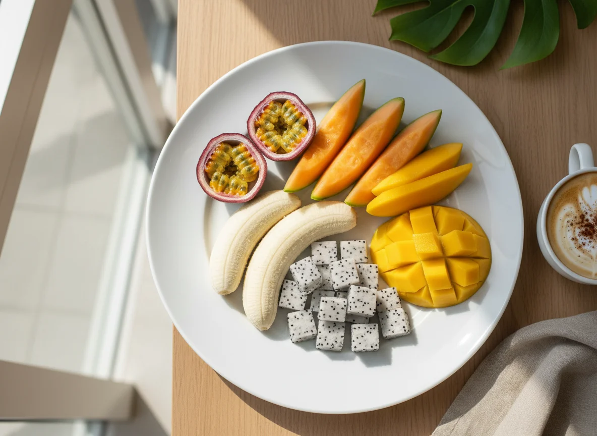 Tropical Fruit Platter with Cappuccino photo