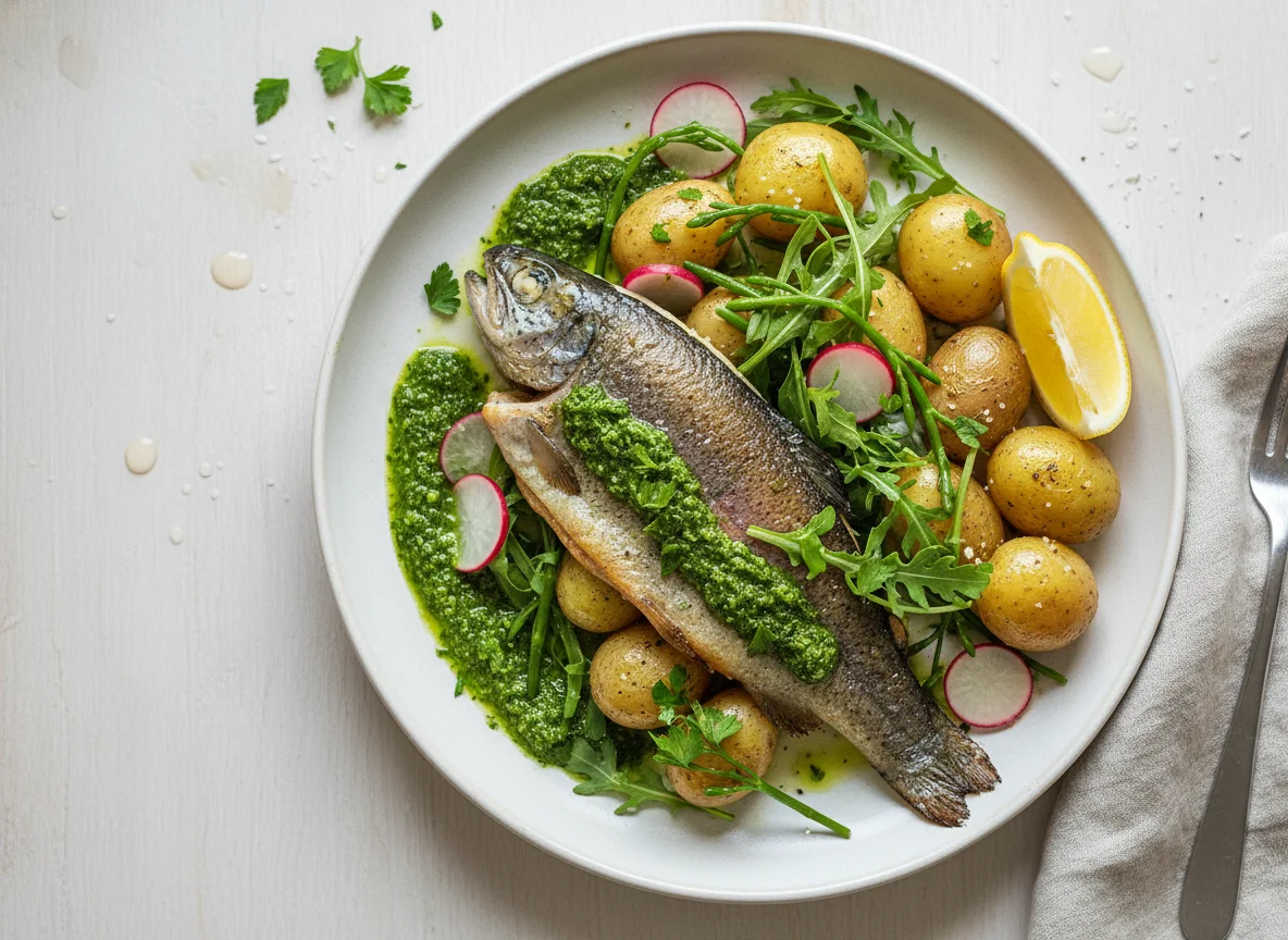 Trout with new potatoes, samphire, rocket, and green sauce photo
