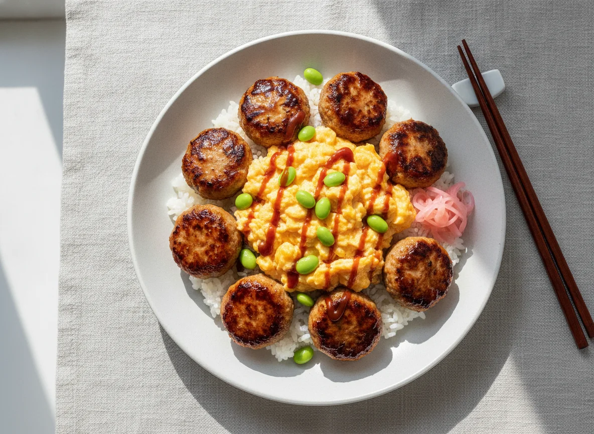 Tsukune and Scrambled Egg Rice Bowl photo