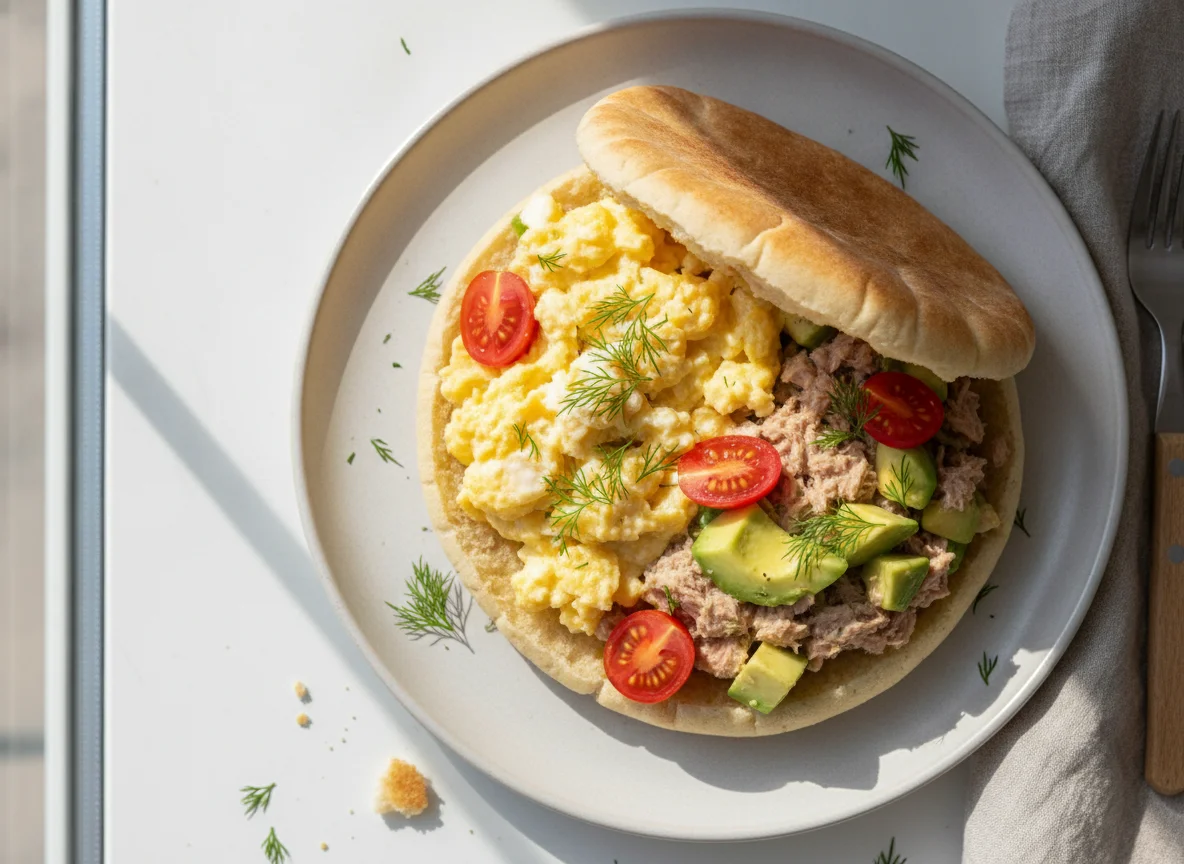 Tuna and Avocado Pita with Scrambled Eggs photo