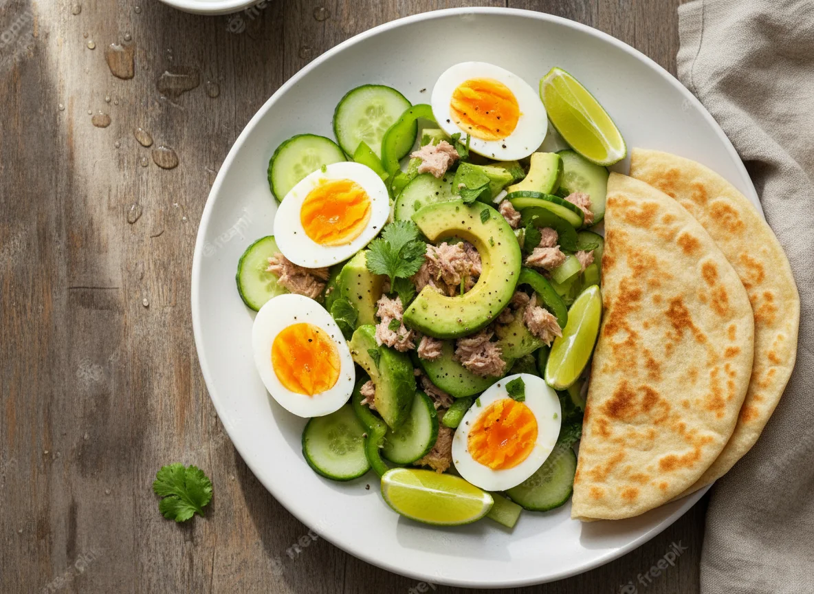 Tuna and Avocado Salad with Boiled Eggs and Chapati photo