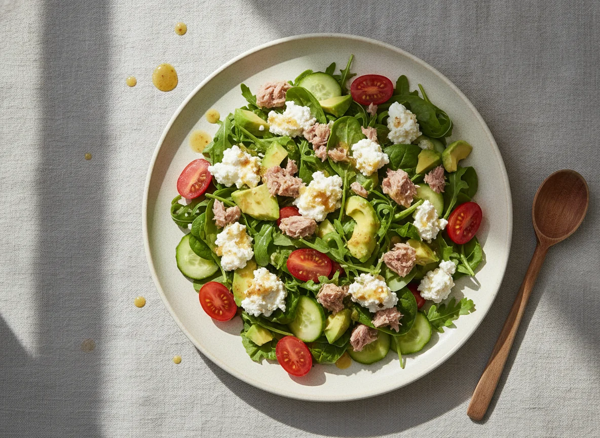Tuna and Avocado Salad with Cottage Cheese and Honey Mustard Dressing photo