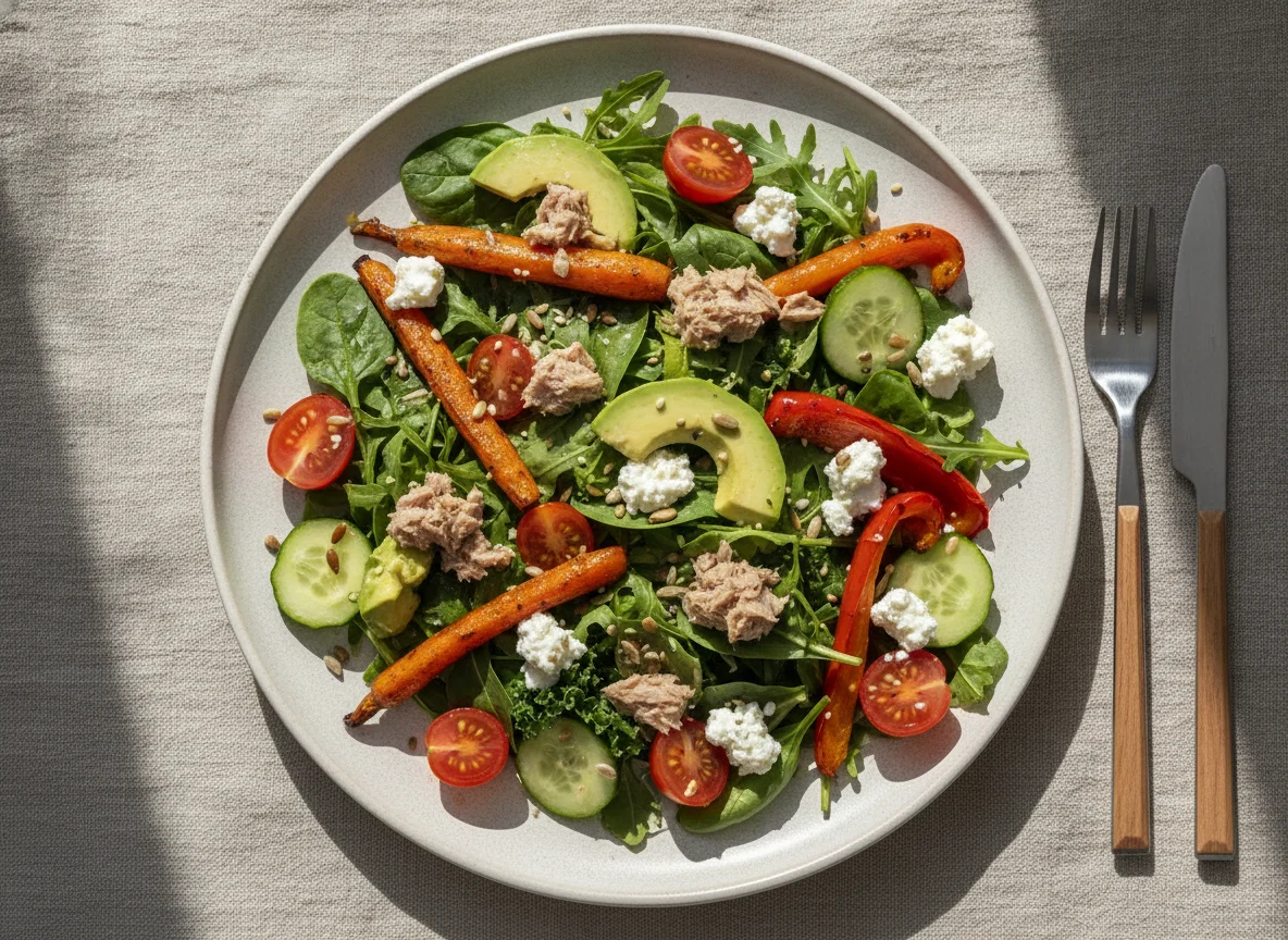 Tuna and Avocado Salad with Roasted Carrots and Red Peppers photo