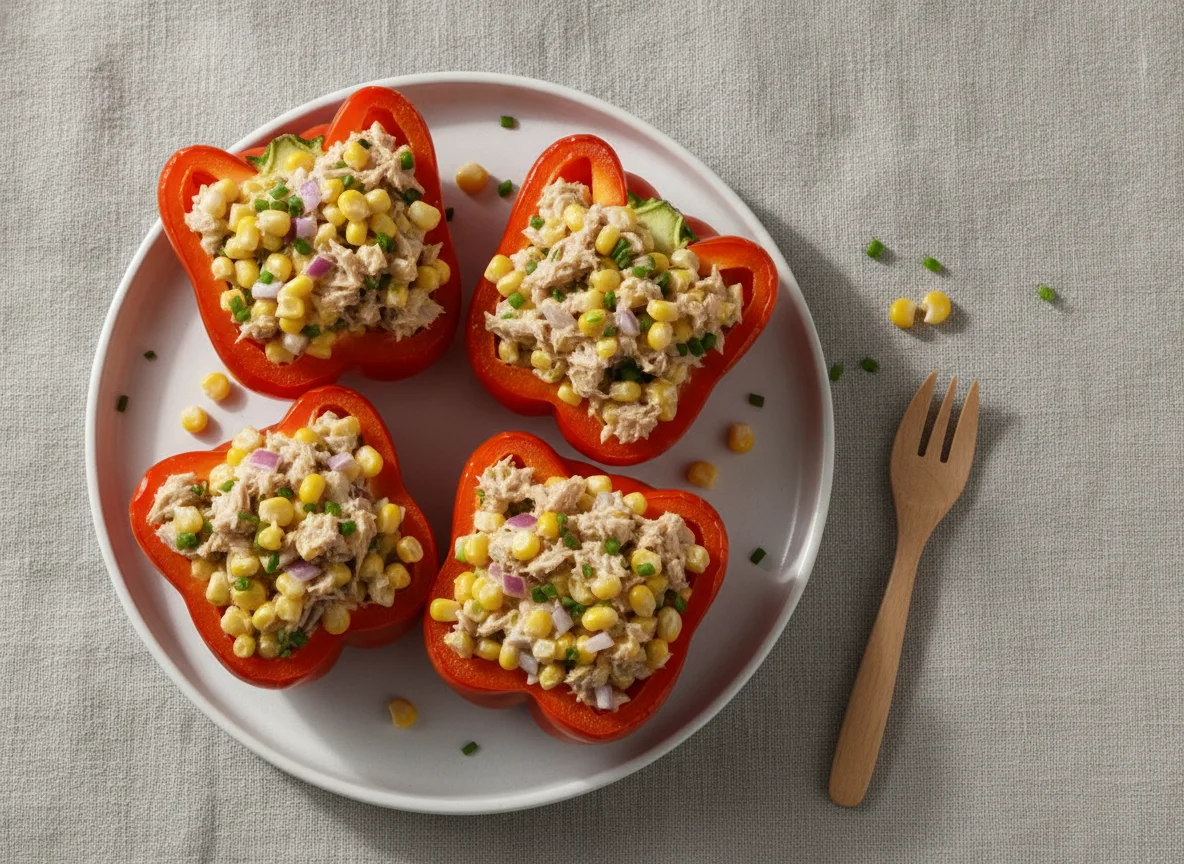 Tuna and corn stuffed red peppers photo