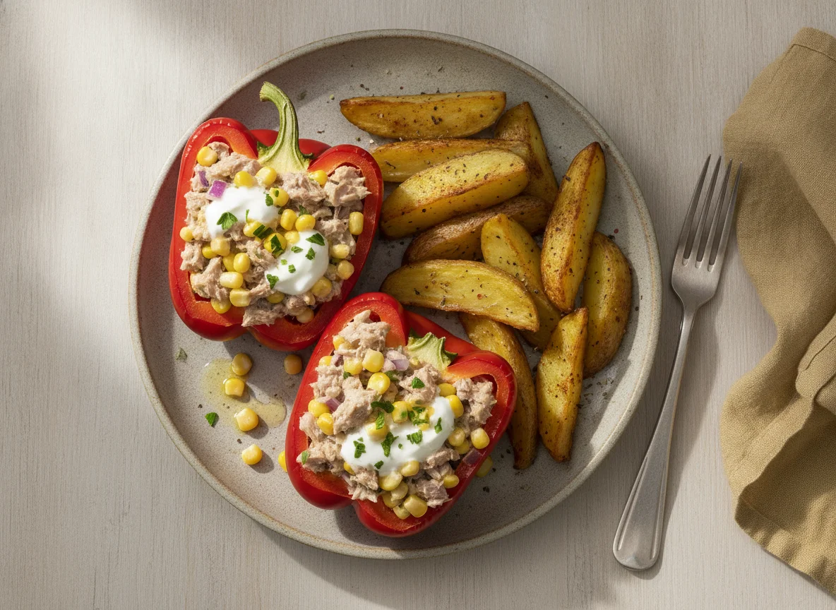 Tuna and Corn Stuffed Red Peppers with Roasted Potatoes photo