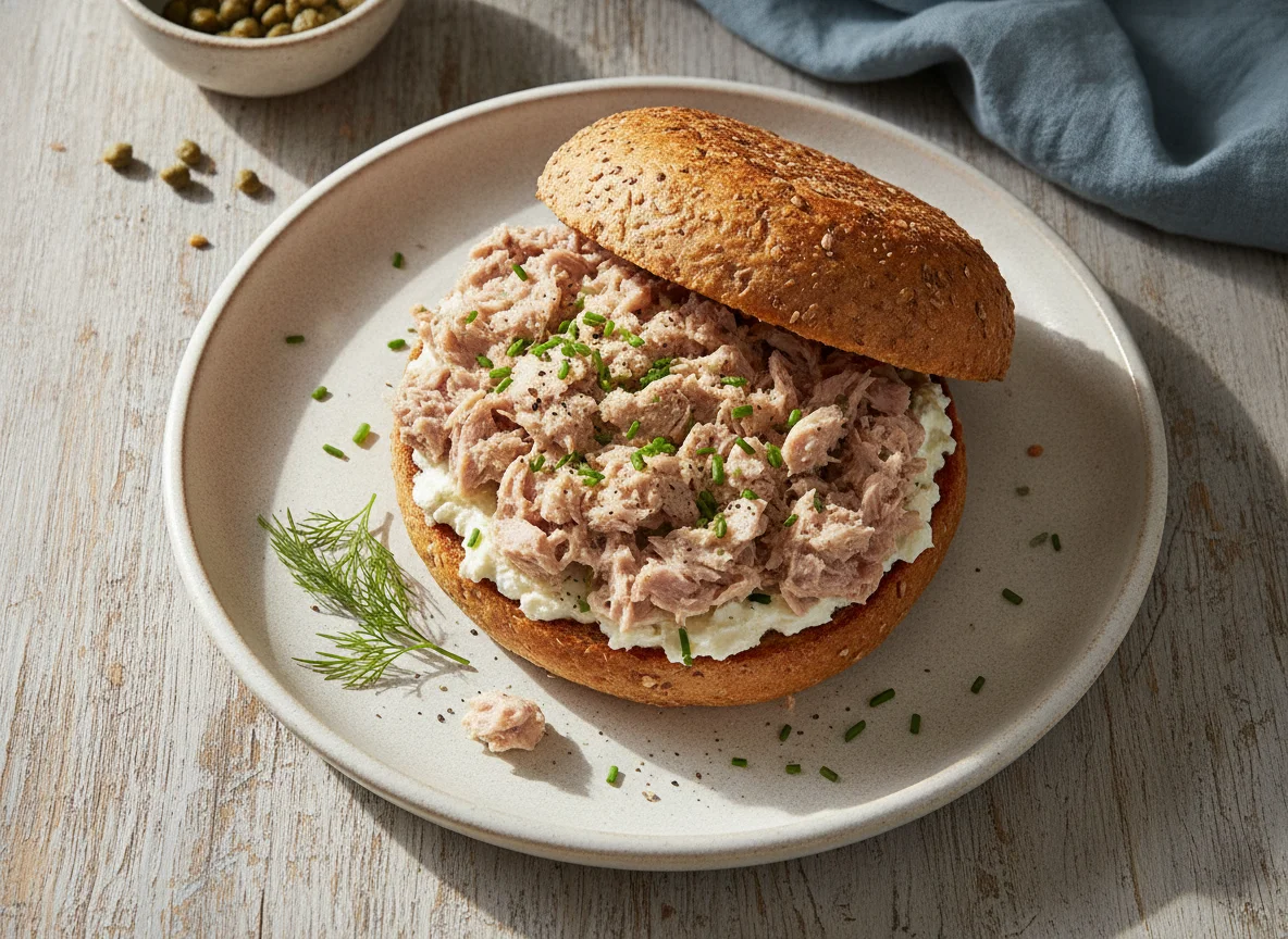 Tuna and Cream Cheese Sandwich on Whole Wheat Bun photo